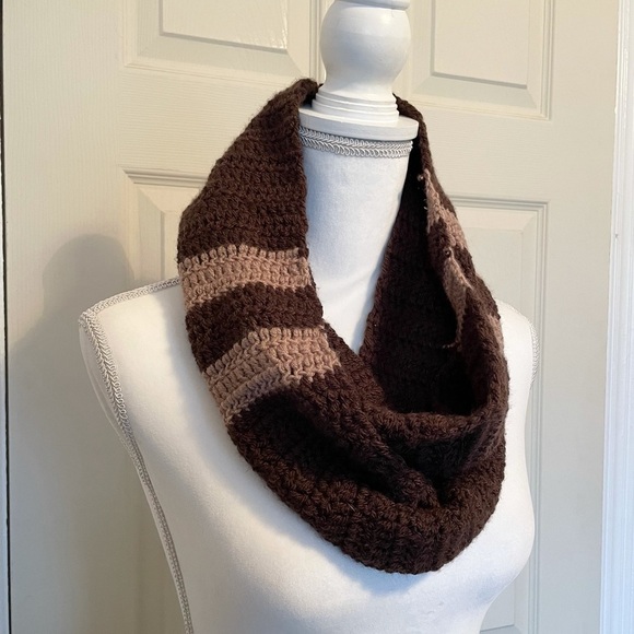 Handmade Crochet Infinity Brown Striped Scarf - Picture 11 of 13